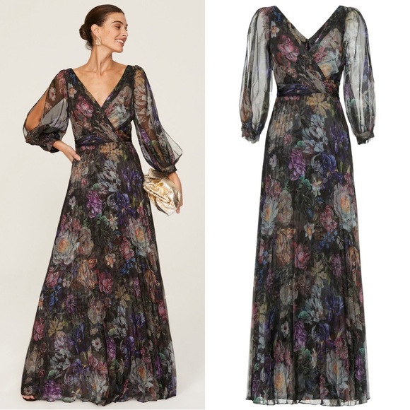 Marchesa Notte Metallic Sheer Multicolor FloralPleated Gown Size 12 Moody Black